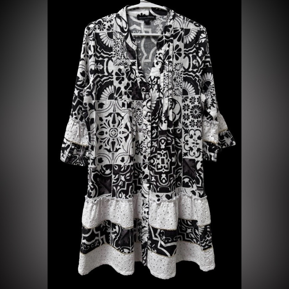 Boston Proper Chic Tiles blk & wht prnt tunic shrtdrss WM 10 beach cruisewear